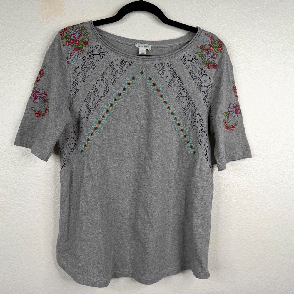 Sundance Women's Top Gray Size S Embroidered Floral Boho Cottage Core Peasant